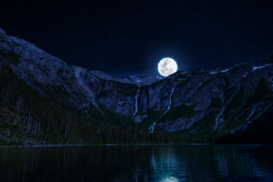lake, Night, Moon, Mountains