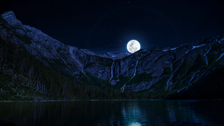 lake, Night, Moon, Mountains HD Wallpaper Desktop Background