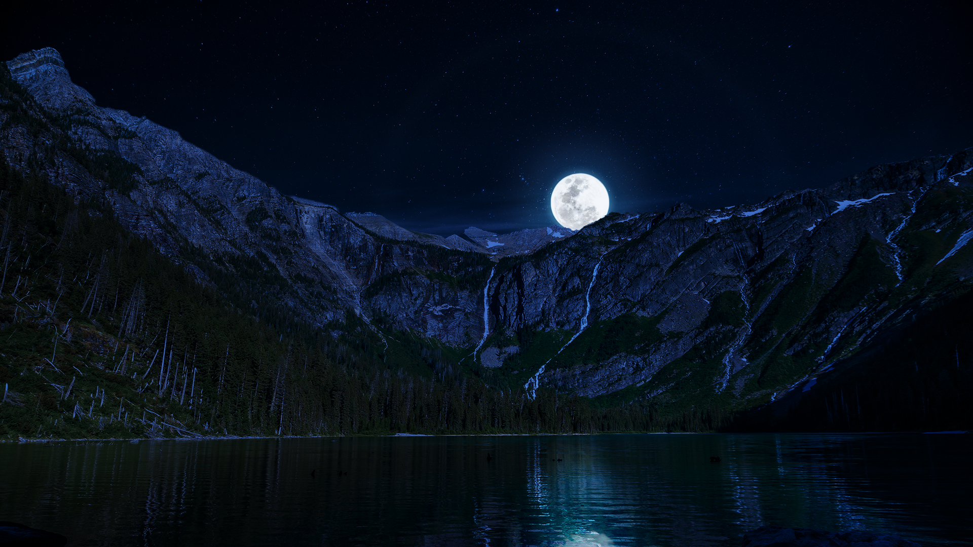 lake, Night, Moon, Mountains Wallpaper