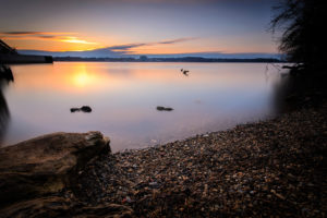 lake, Shore, Sunset, Beach, Reflection