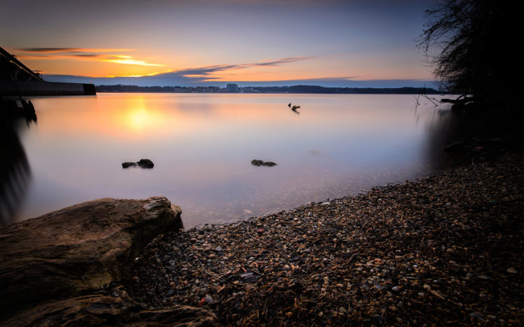 lake, Shore, Sunset, Beach, Reflection HD Wallpaper Desktop Background