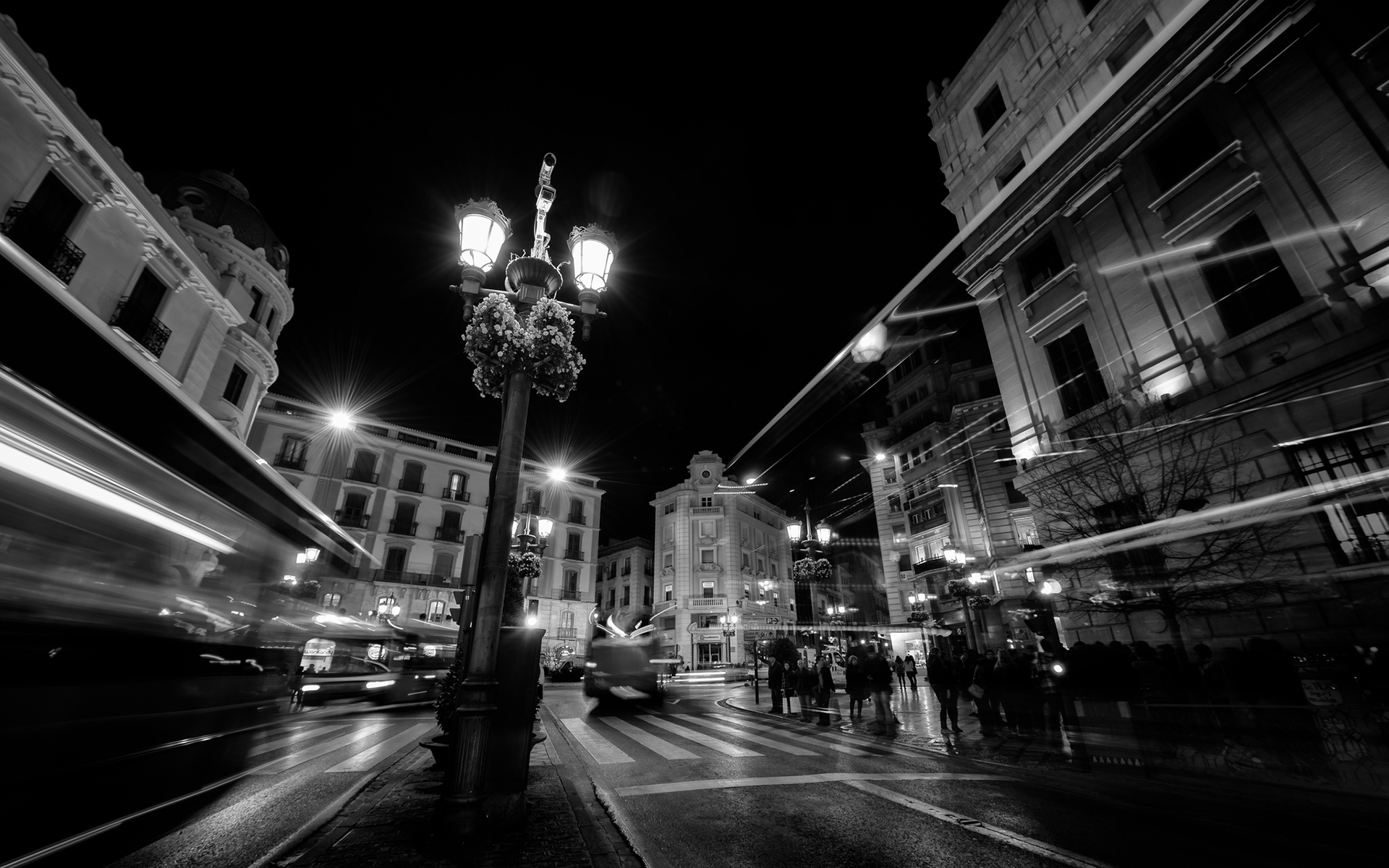 lantern, Lights, Bw, Street, Timelapse, Buildings, Lamp, Post, Crowds