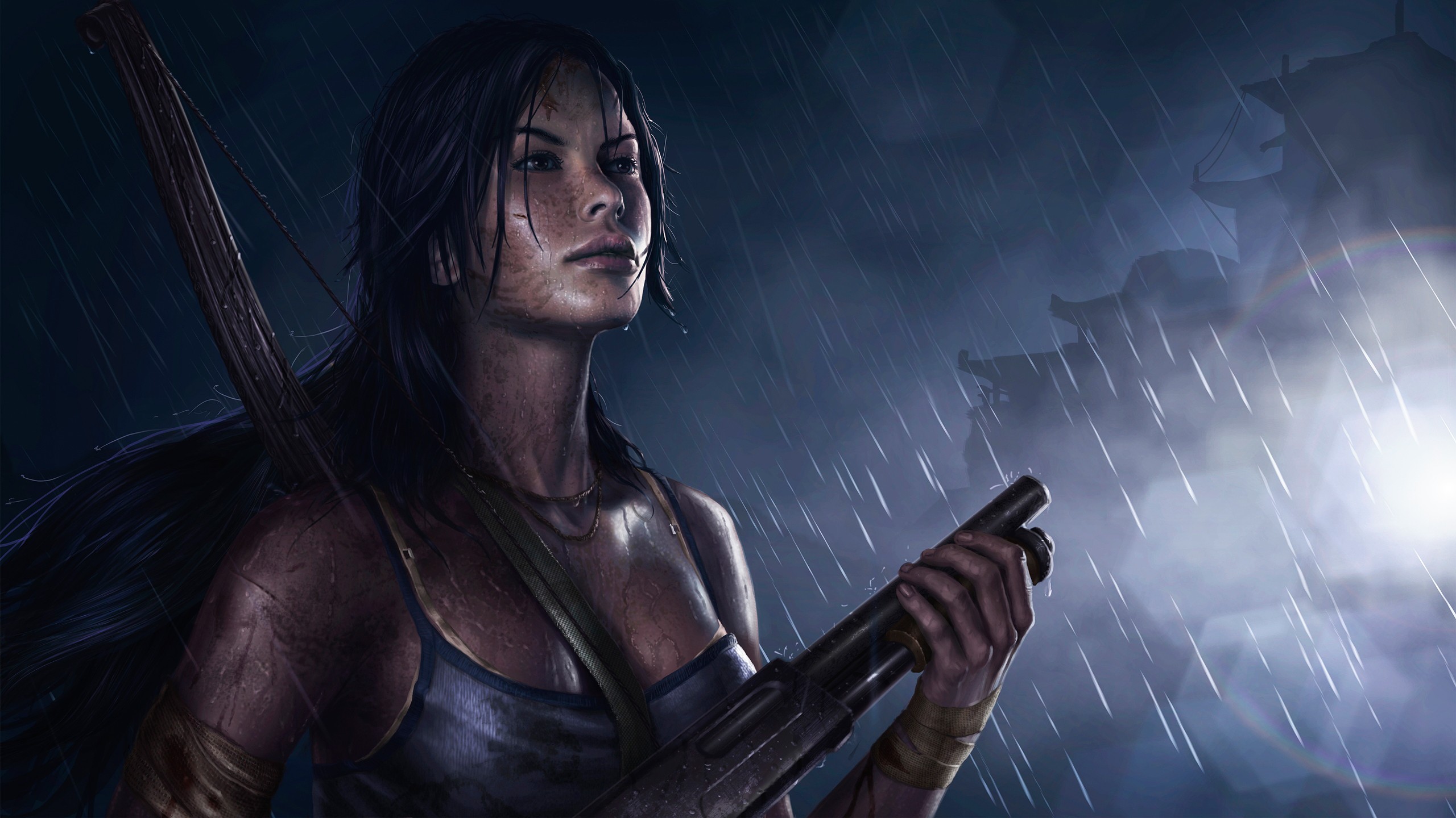 lara, Croft, Tomb, Raider, Rain, Shotgun, Weapons Wallpaper