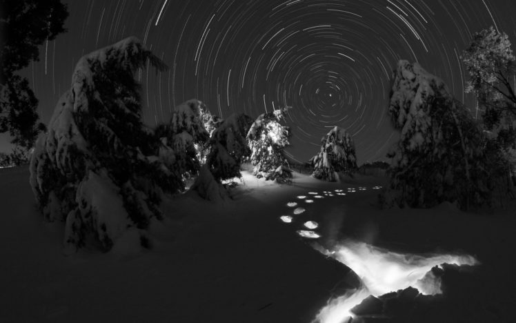 timelapse, Stars, Snow, Winter, Footprints, Bw HD Wallpaper Desktop Background
