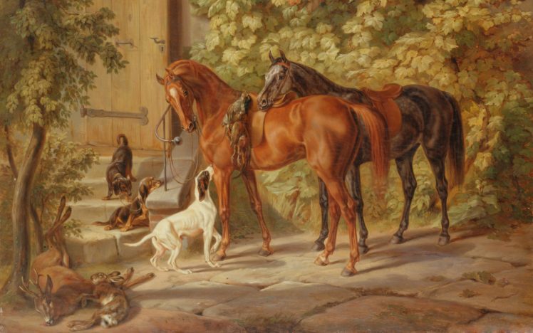 hunting, Season horses, Dogs, Animal, Painting, Art HD Wallpaper Desktop Background