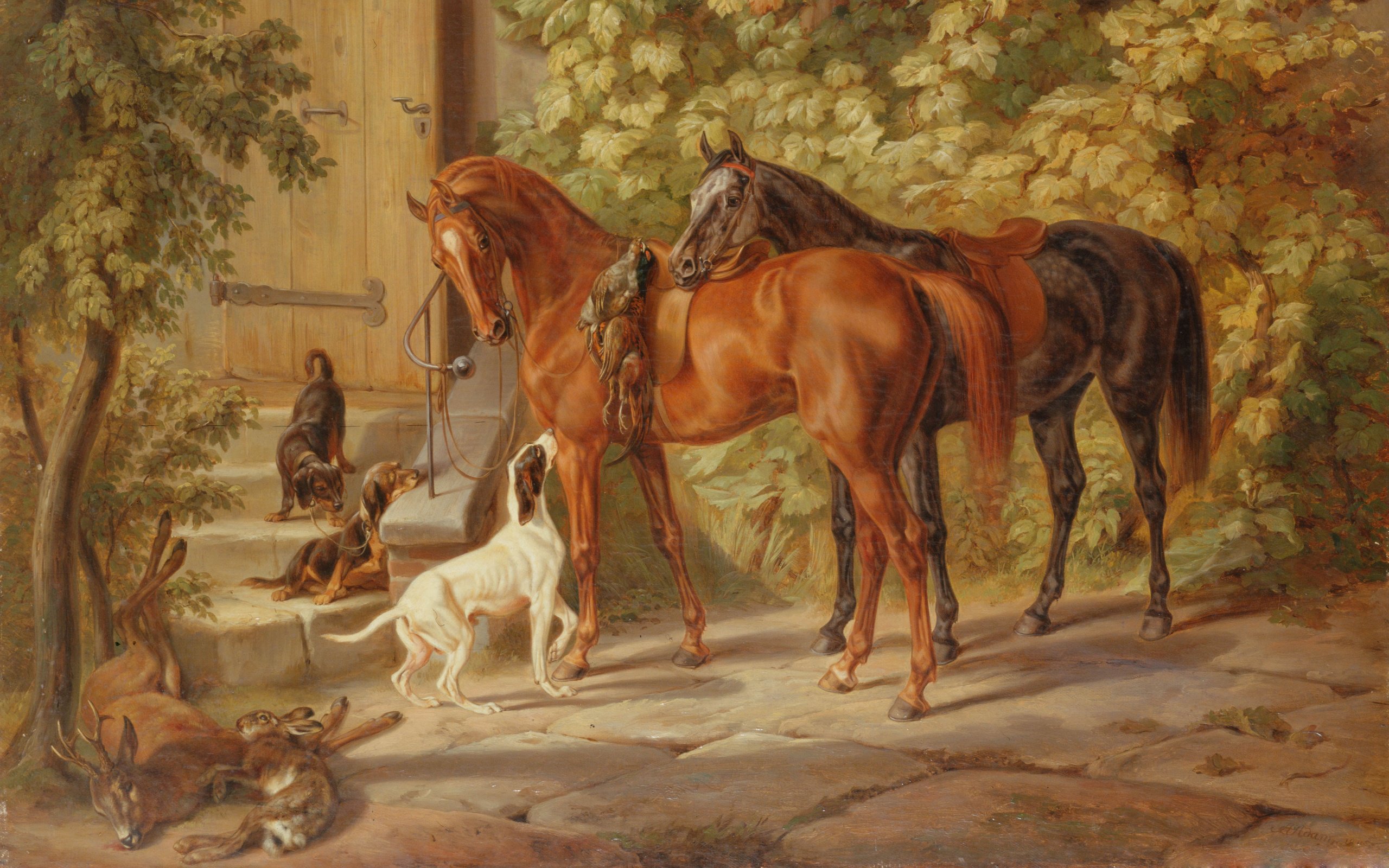 hunting, Season horses, Dogs, Animal, Painting, Art Wallpaper