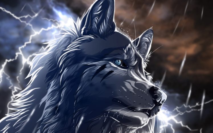 art, Wolfroad, Wolf, Rain, Lightning, Night, Fantasy, Animals HD Wallpaper Desktop Background