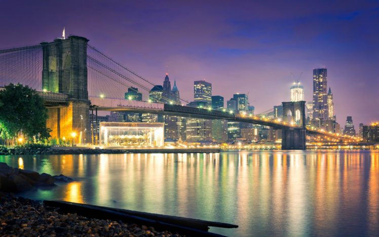 brooklyn, Bridge, Bridge, New, York, Buildings, Skyscrapers, Ocean, Night, Reflection HD Wallpaper Desktop Background