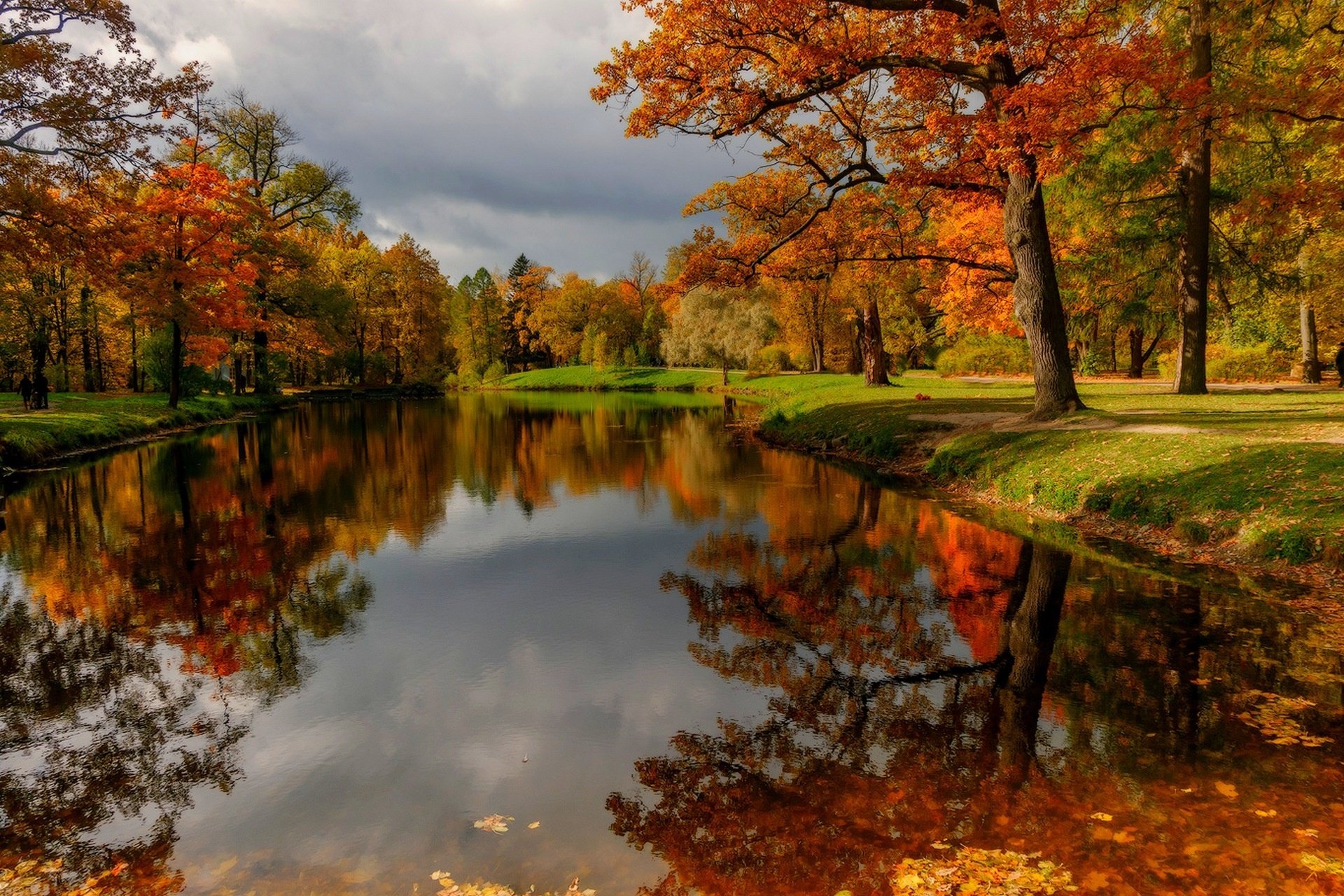 trees, River, Forest, Leaves, Clouds, Park, Water, Sky, Nature, Autumn, Reflection Wallpaper