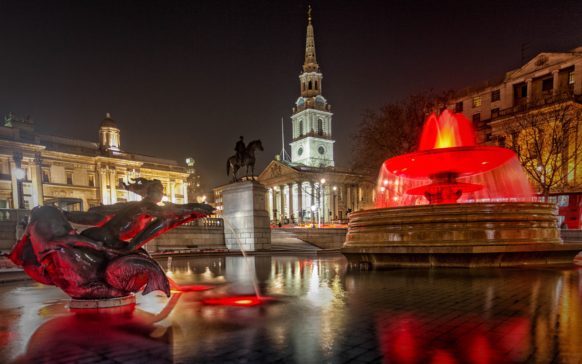 buildings, Night, Fountain, Statue, Reflection Wallpaper