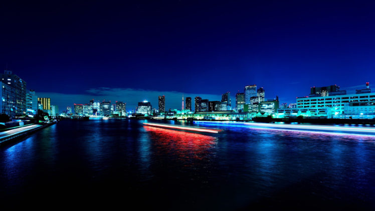 buildings, River, Timelapse, Night HD Wallpaper Desktop Background