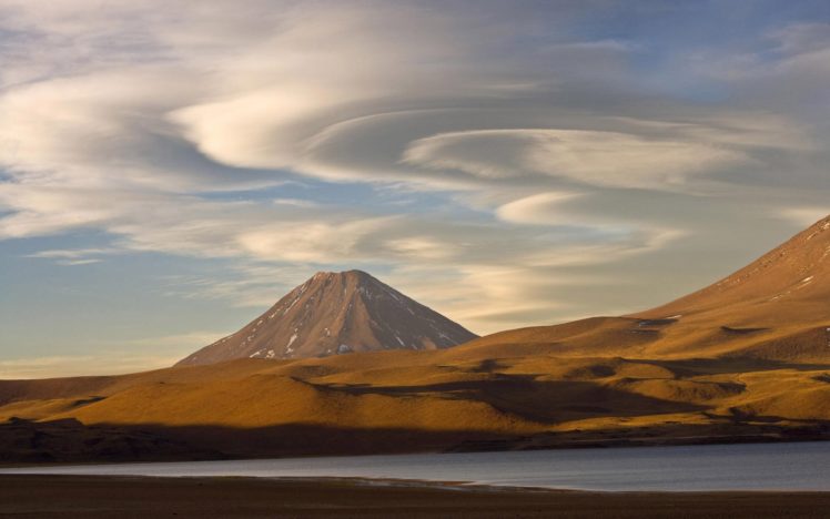 lake, Clouds, Hillside, Mountain, Sky, Volcano HD Wallpaper Desktop Background