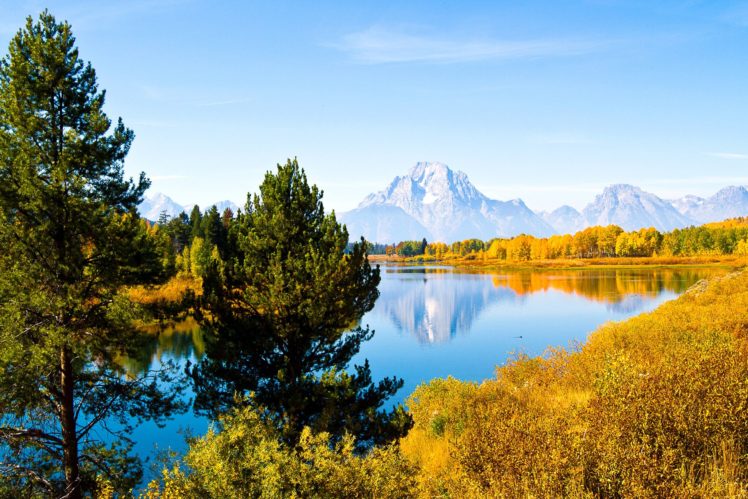 wyoming, Usa, Mountains, Grand, Teton, National, Park, Trees, Autumn, River HD Wallpaper Desktop Background
