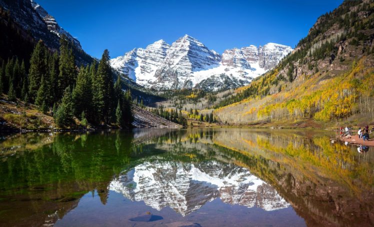 lake, Mountains, Reflection, Forest, Snow, Forest, Maroon, Bells, Colorado, Aspen, Autumn HD Wallpaper Desktop Background