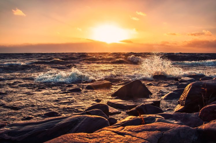 sunset, Sea, Rocks, Stones, Waves, Landscape HD Wallpaper Desktop Background