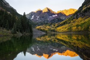 lake, Mountains, Reflection, Forest, Snow, Forest, Maroon, Bells, Colorado, Aspen, Autumn