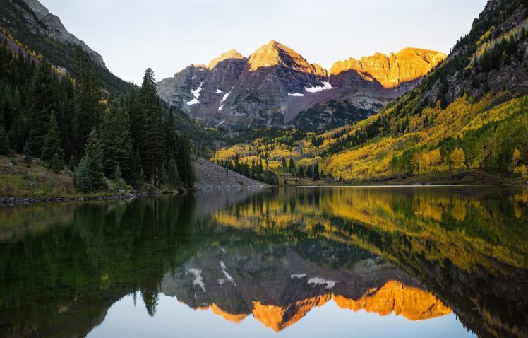 lake, Mountains, Reflection, Forest, Snow, Forest, Maroon, Bells, Colorado, Aspen, Autumn HD Wallpaper Desktop Background