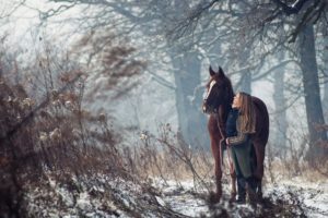 girl, Winter, Horse, Forest, Mood