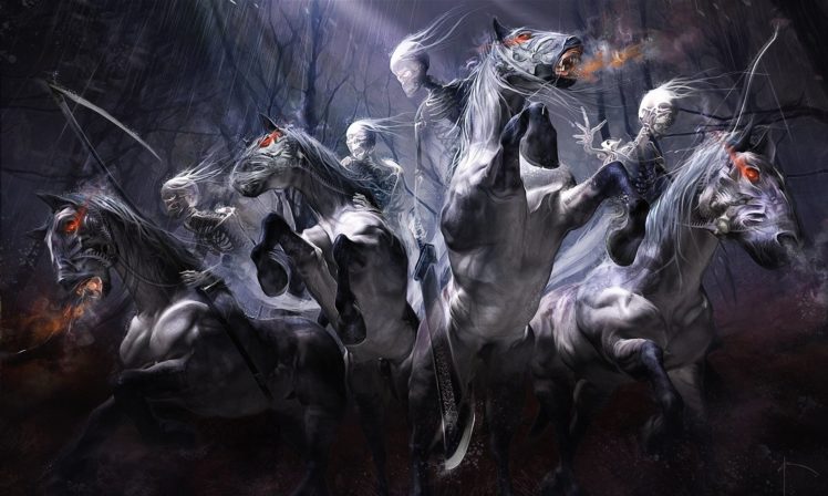 riders, Skeletons, Horses, Braid, Sword, Onion, Rain, Forest HD Wallpaper Desktop Background