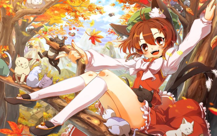 cats, Anime, Girl, Cute, Tree, Red, Dress HD Wallpaper Desktop Background
