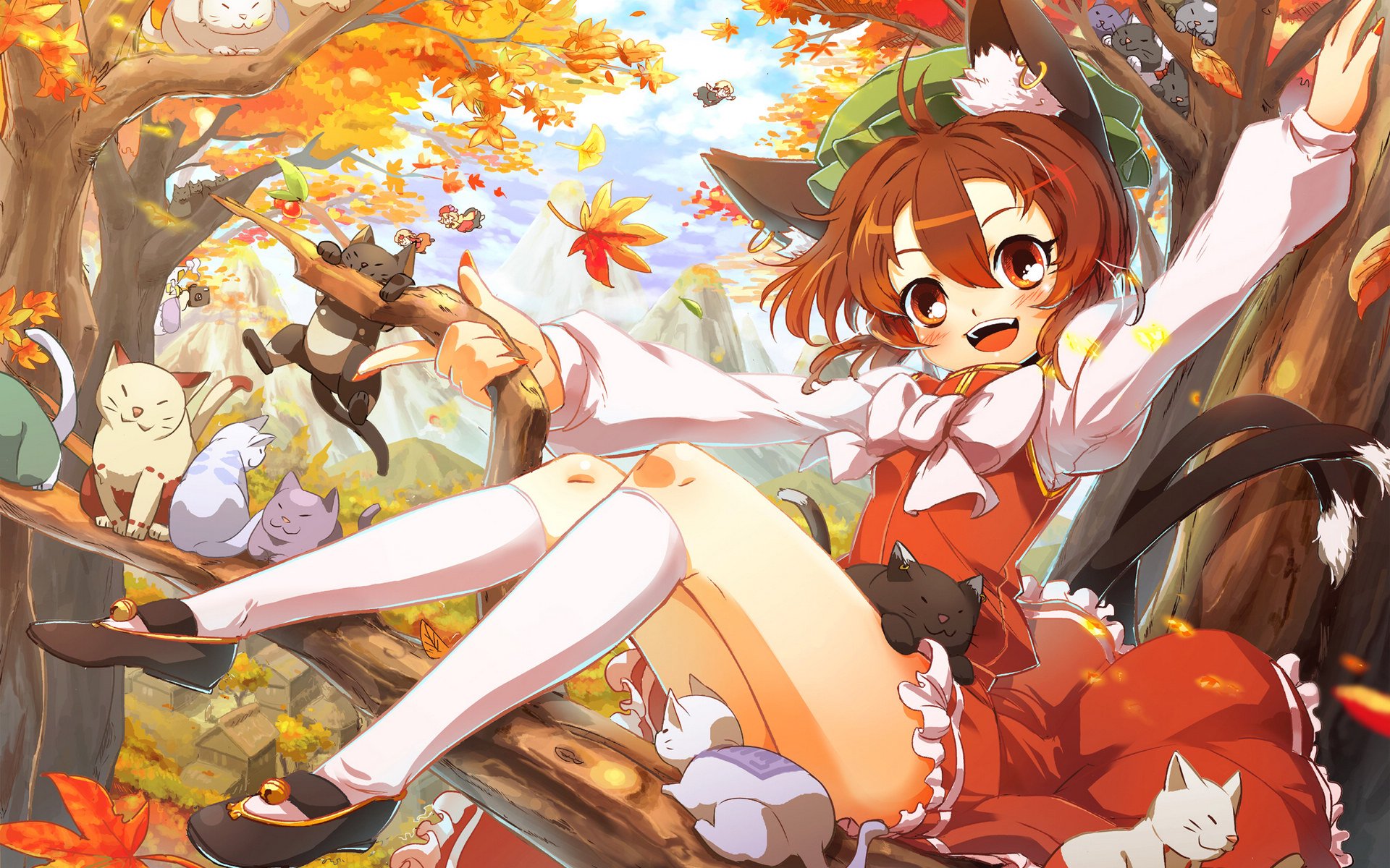 cats, Anime, Girl, Cute, Tree, Red, Dress Wallpaper