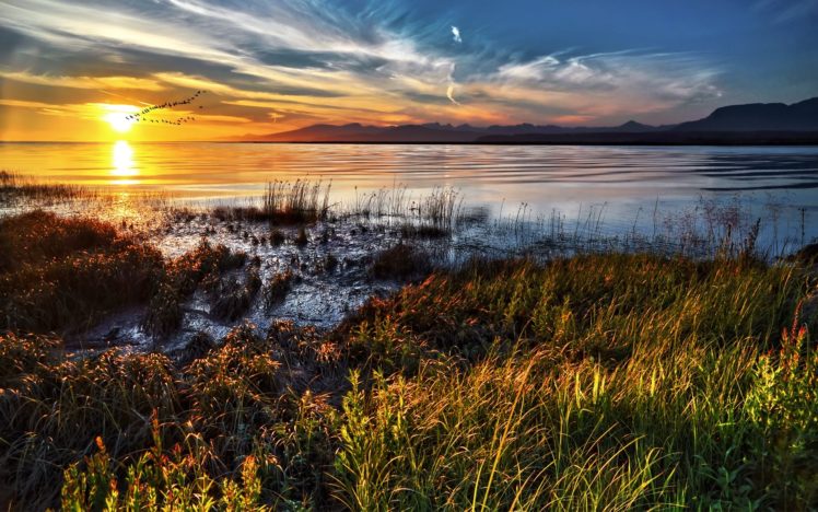 lakes, Ocean, Sea, Sunset, Birds, Sky, Mountains HD Wallpaper Desktop Background