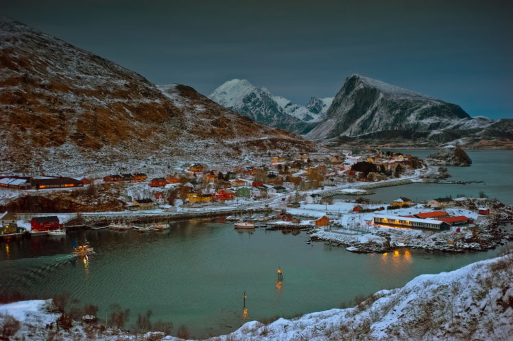 norway, Mountains, Lofoten, Snow, Cities, Winter, Mountains, Town, Buildings, Lake HD Wallpaper Desktop Background
