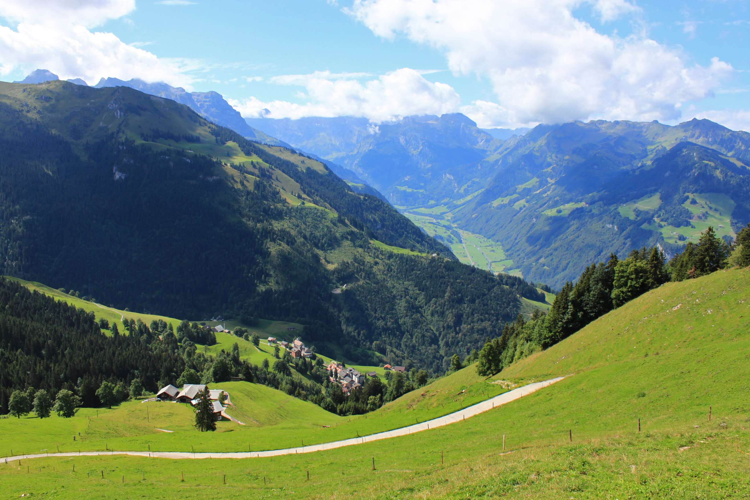 mountains, Switzerland, Scenery, Grass, Nature, Houses, Buildings, Trees, Forest Wallpaper