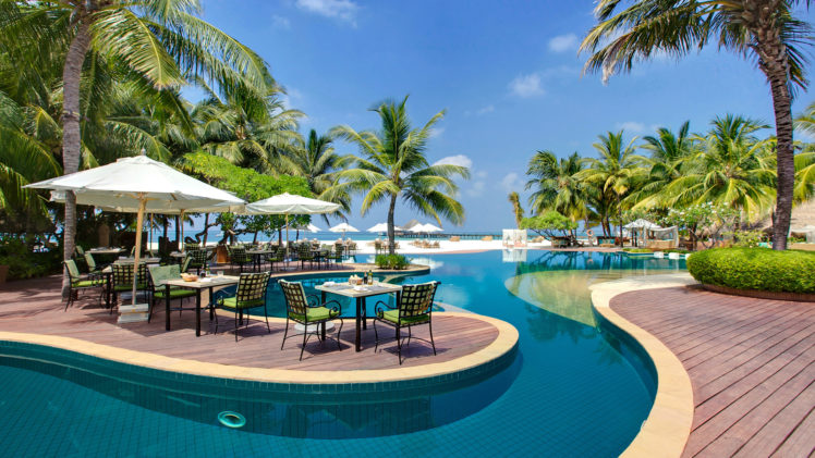 palms, Maldives, Pool, Table, Maldives, Deck, Chairs HD Wallpaper Desktop Background