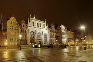 poland, Houses, Gdansk, Night, Street, Street, Lights, Pavement, Cities, Buildings