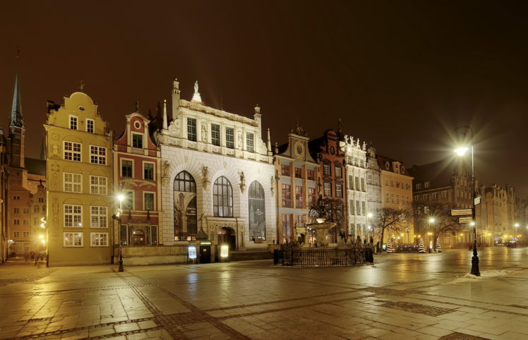 poland, Houses, Gdansk, Night, Street, Street, Lights, Pavement, Cities, Buildings HD Wallpaper Desktop Background