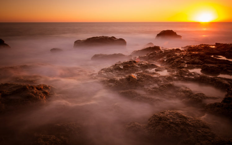 sunset, Ocean, Rocks, Stones, Beaches HD Wallpaper Desktop Background