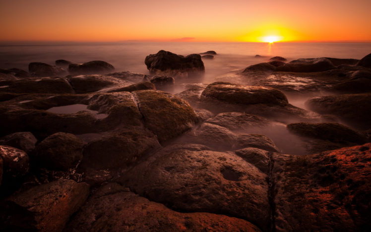 sunset, Ocean, Rocks, Stones, Beaches HD Wallpaper Desktop Background