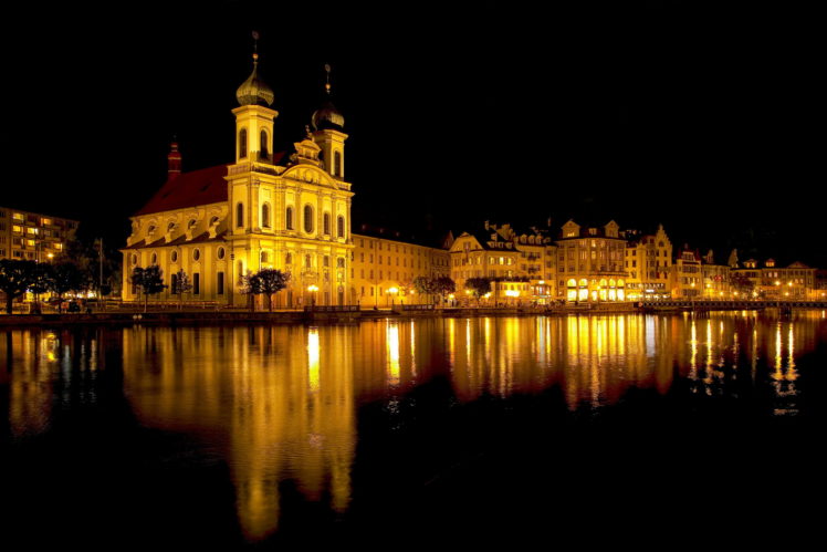 switzerland, Rivers, Lucerne, Night, Cities, Reflection, Buildings HD Wallpaper Desktop Background