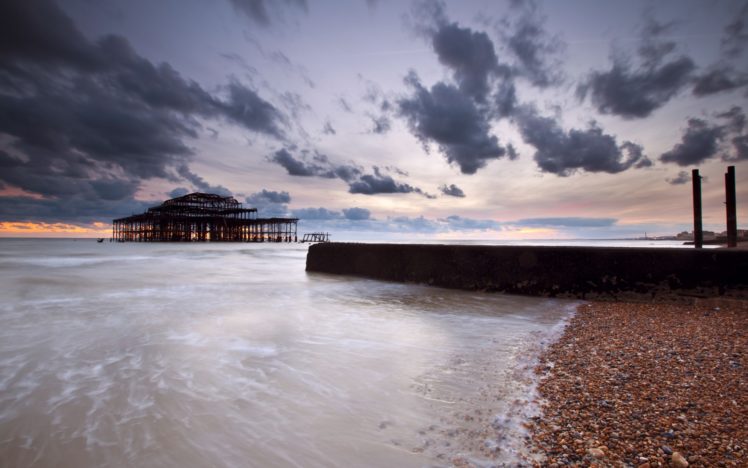 uk, England, Sea, Strait, Shore, Rocks, Pier, Night, Sunset, Sky, Clouds, Ocean, Beaches HD Wallpaper Desktop Background