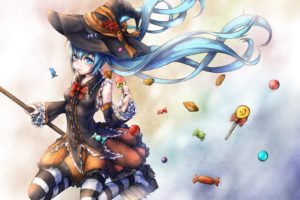 blue, Eyes, Blue, Hair, Blush, Bow, Candy, Flowers, Halloween, Hat, Kajaneko, Lollipop, Long, Hair, Rose, Shorts, Thighhighs, Twintails, Vocaloid, Witch, Hat
