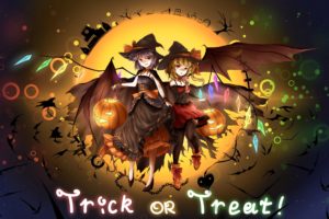 animal, Bat, Blonde, Hair, Blue, Hair, Boots, Bow, Candy, Halloween, Hat, Lollipop, Minust, Moon, Pumpkin, Red, Eyes, Remilia, Scarlet, Touhou, Wings, Witch, Hat