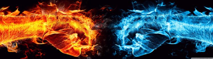 dual, Monitor, Screen, Multi, Multiple, Fire, Feu, Blue, Bleu, Orange, Flamme, Flame HD Wallpaper Desktop Background