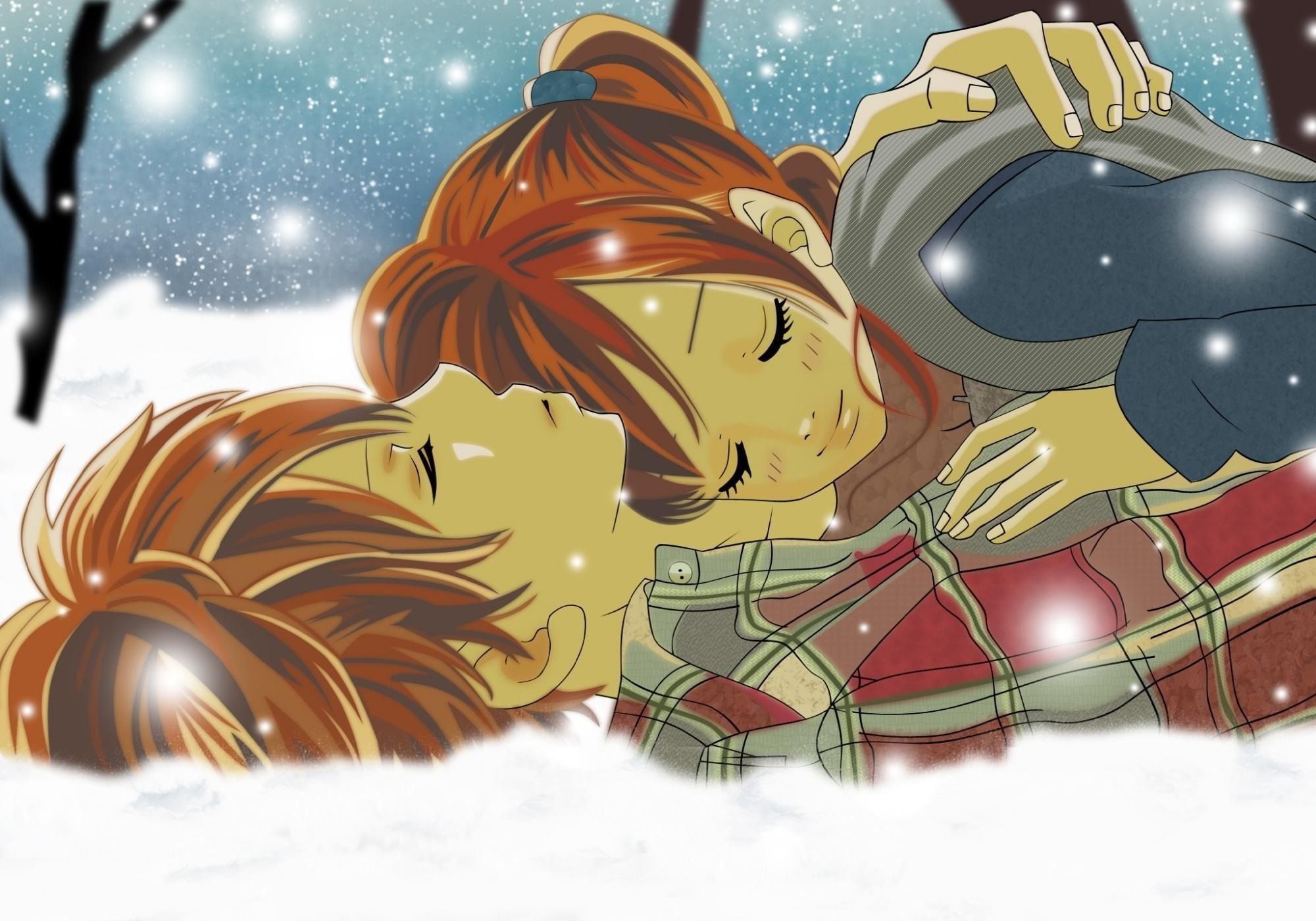 anime, Series, Couple, Snow, Tree, Romantic Wallpaper