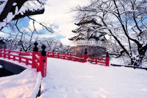 asian, Oriental, Winter, Snow, Bridge, Castle, Buildings, Architecture, Trees