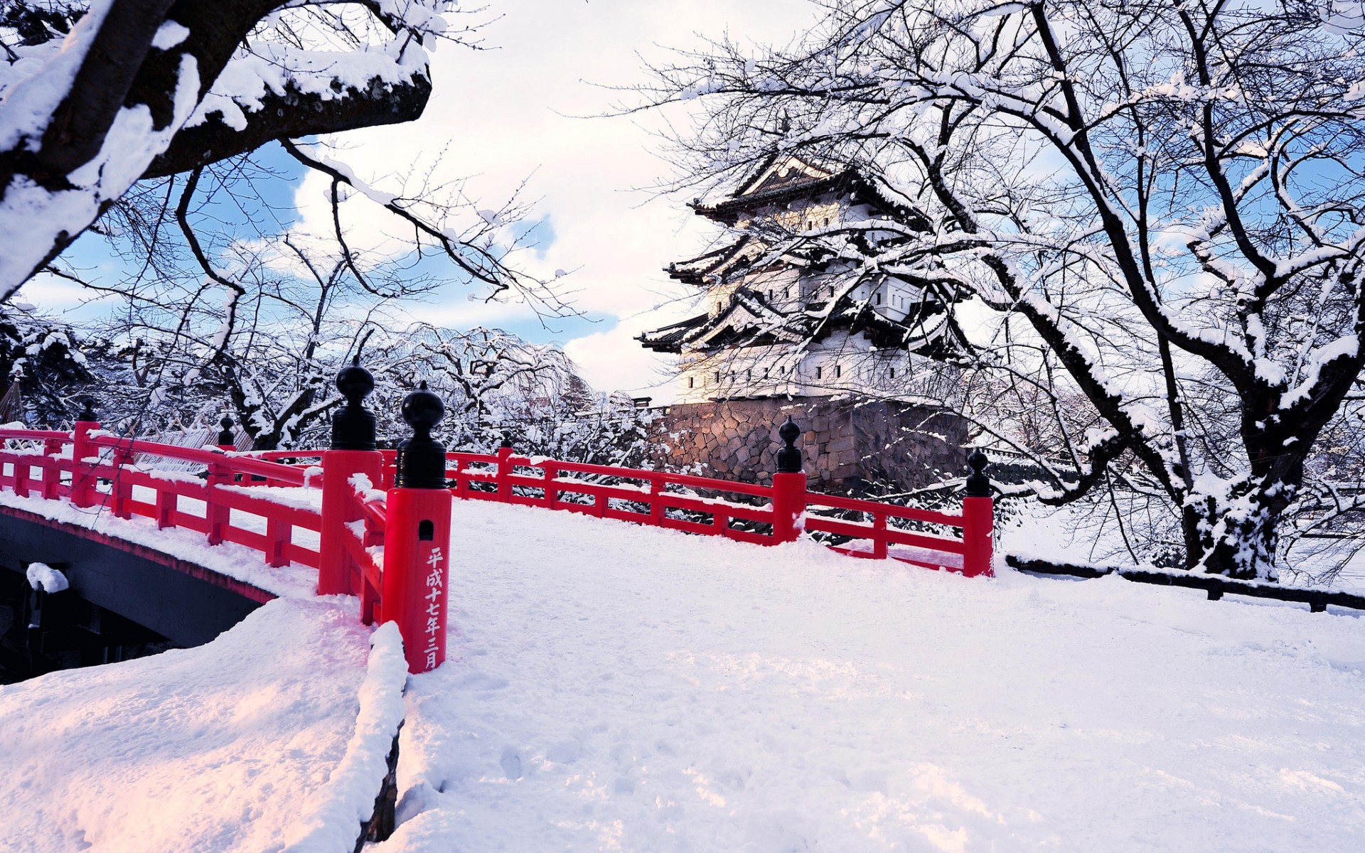 asian, Oriental, Winter, Snow, Bridge, Castle, Buildings, Architecture, Trees Wallpaper