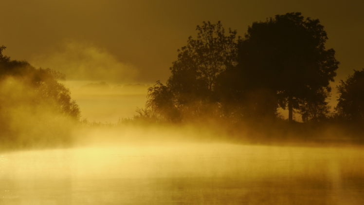 lake, Fog, Sunset, Landscape, Trees, Sunrise, Mist HD Wallpaper Desktop Background