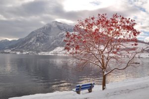 winter, Landscape, Water, Sky, Mountain, Red