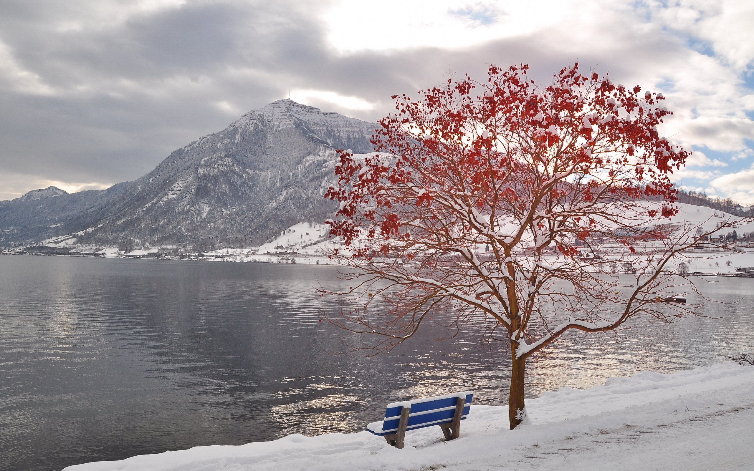 winter, Landscape, Water, Sky, Mountain, Red Wallpaper
