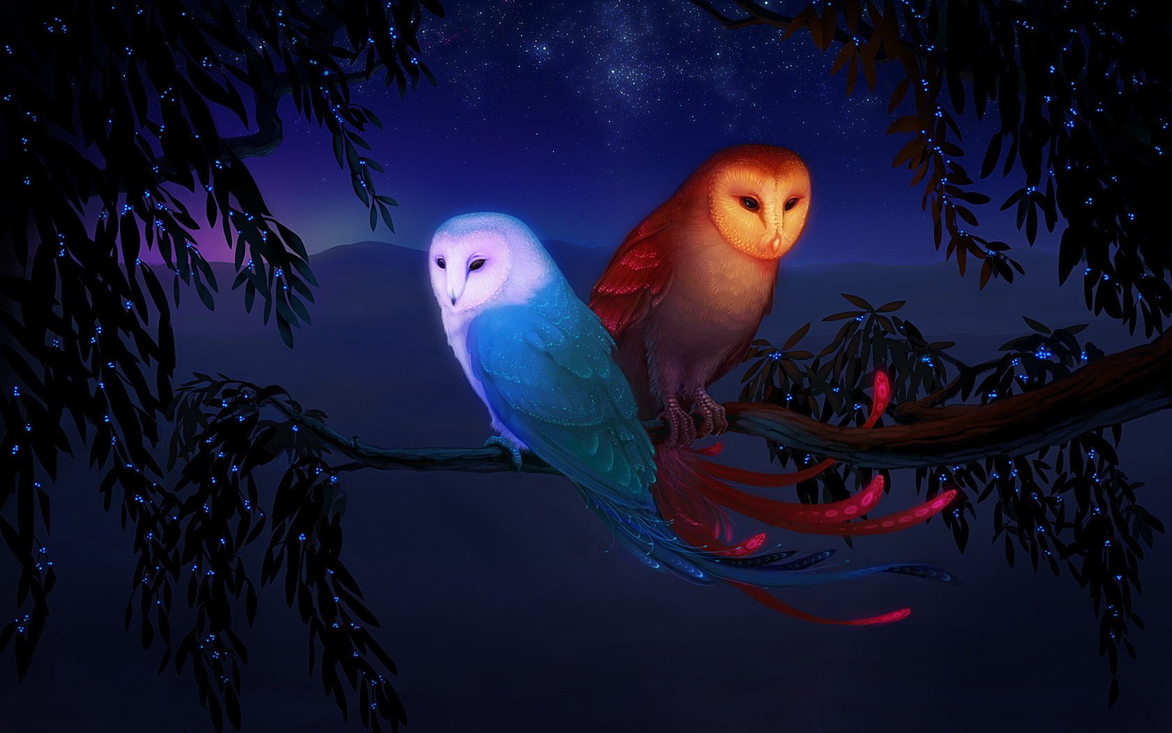 water, Elements, Tree, Branch, Mountains, Fire, Birds, Fantasy, Stars, Owls Wallpaper