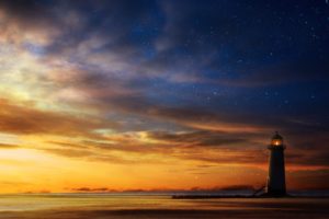 the, Sky, Sunset, Lighthouse, Sea, Stars, Art