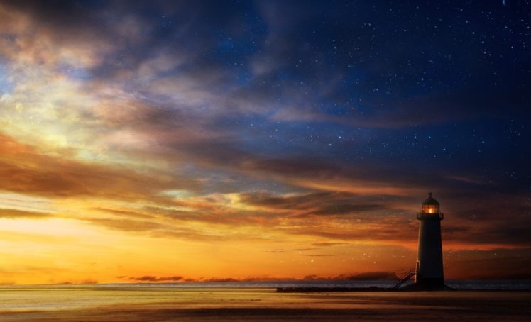 the, Sky, Sunset, Lighthouse, Sea, Stars, Art HD Wallpaper Desktop Background