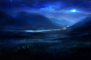 blue, Nature, River, Night, The, Moon, Stars, Hills, Art