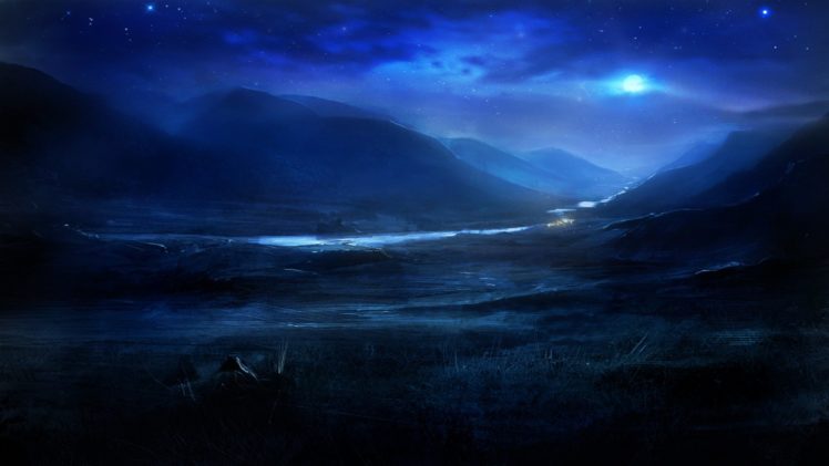 blue, Nature, River, Night, The, Moon, Stars, Hills, Art HD Wallpaper Desktop Background