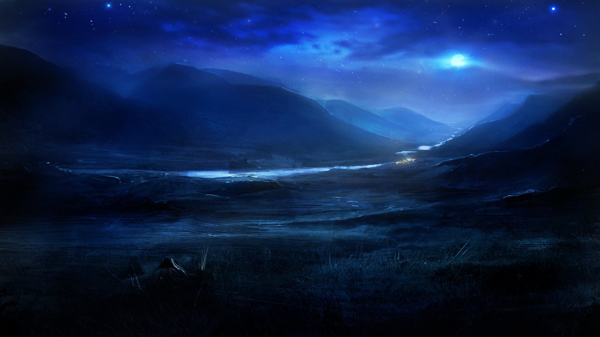 blue, Nature, River, Night, The, Moon, Stars, Hills, Art Wallpaper